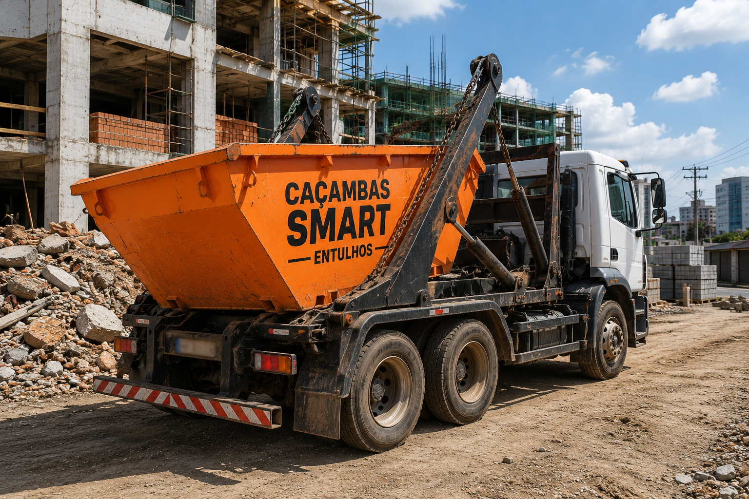 Caminhão transportando caçamba em uma obra