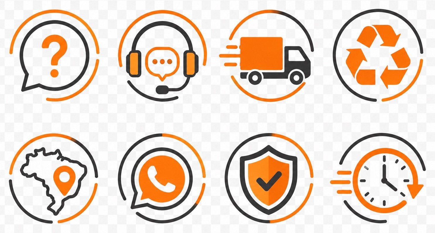 Ícones de perguntas frequentes, atendimento, entrega, reciclagem, cobertura, WhatsApp, segurança e agilidade